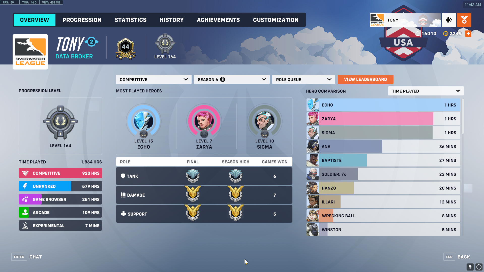 Screenshot of my Overwatch profile, showing my highest ranks